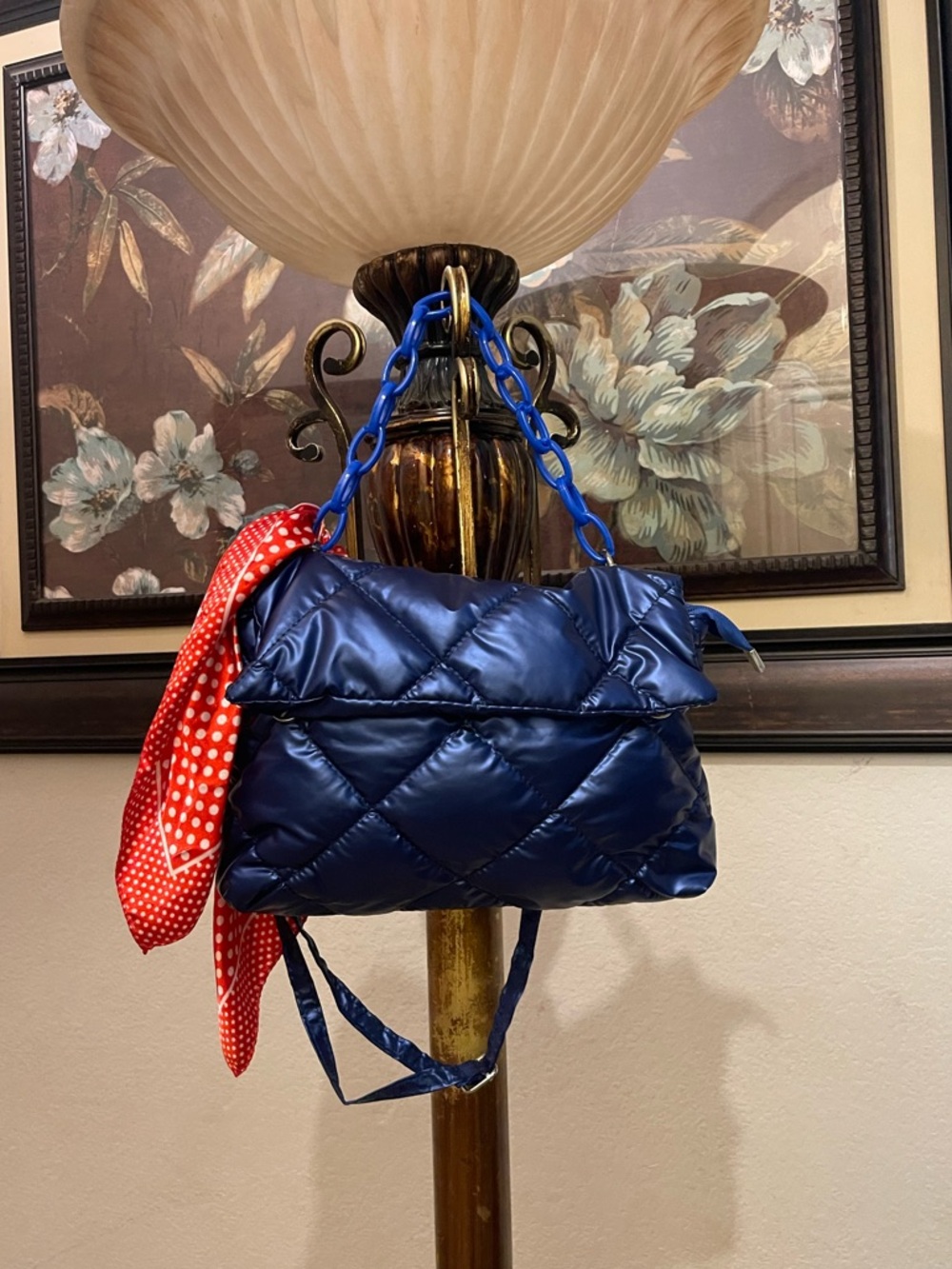 Quilted Navy Shoulder Bag with Chain Handle - Picture 3 of 16